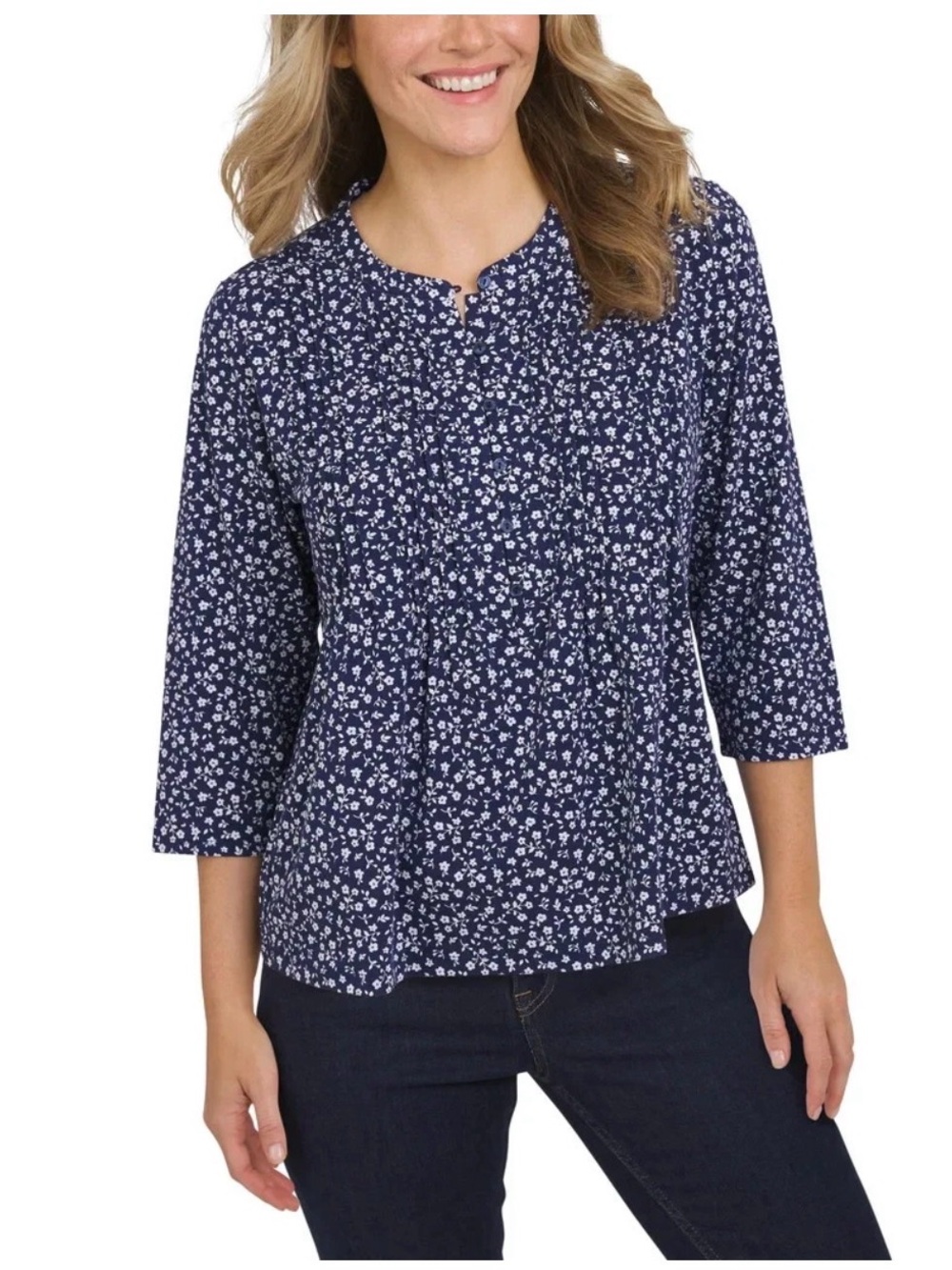 Lands' End Navy Blue White Ditsy Floral Pintuck Pleat 3/4 Sleeve Top Size L